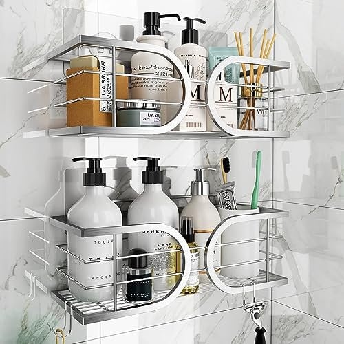 Adurei Adhesivo Estantes Cesta para Ducha de Baño Gran Capacidad 304 Acero Inoxidable Ducha Estanteria Organizador para Cocina o Baño 2 Piezas(Plata)
