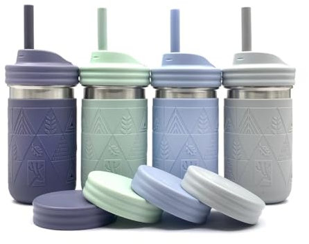 Elk and Friends 14oz Stainless Steel Kids + Toddler Drinking Cups | The Original Mason Jars with Lids + Sleeves + Straws | Smoothie Cups | Spill Resistant | Dishwasher Safe | 4 Pack