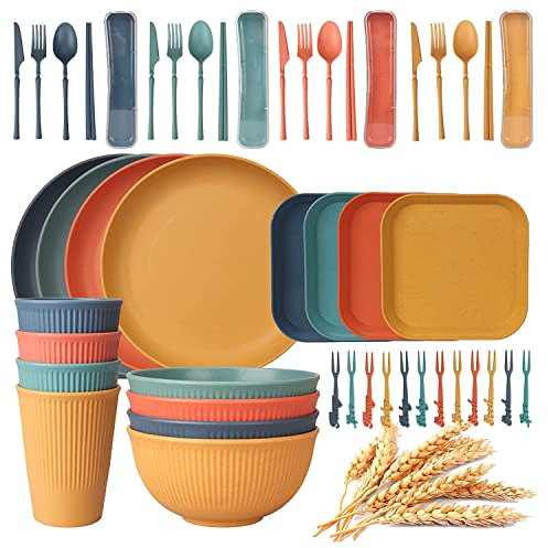 MAKIVI 48-teiliges unzerbrechliches Geschirr-Set für 4 Personen, Campingteller und Schüssel-Set, Picknick-Abendessen-Set, Servierteller