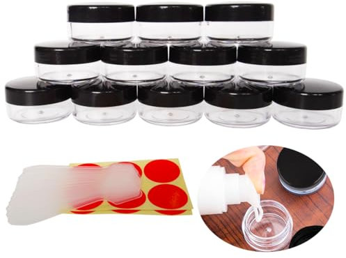 Wopanxye 10ml Mini Voyage Pots, 12 Pièces Ronds Cosmétiques Récipients, Clairs Vides Cannettes, avec à Vis en Noir pour Fard à Paupières Produits Pharmaceutiques Échantillons Perles Parfums