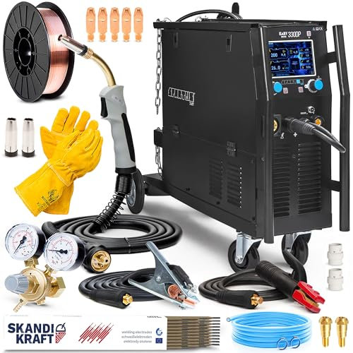 Spartus EasyMIG 330 Dual Puls - Soldador Inverter Profesional 400V 300A - Doble Pulso y Sinergia - MIG/MAG, MMA, TIG Lift - 2T/4T, Inductividad - 4 Rodillos - Set Basic