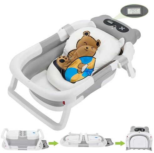 Niceyoeuk Faltbare Baby-Badewanne für Neugeborene mit Thermometer und 1 weichen schwimmenden Kissen, tragbare Reisebadewanne mit Ablaufloch, langlebig, faltbare Babywannen für Säuglinge bis