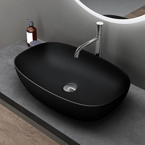 doporro Lavabo Vasque à Poser Noir Mat 60x39,5x14 cm Lave Mains Ovale en Céramique Revêtement NANO Easy Clean Brüssel104