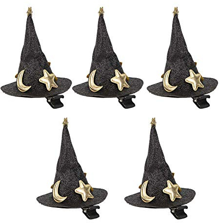 Gavigain Mini-Hexenhut-Haarnadeln, niedliche Haarspangen, Halloween, Neujahr, Weihnachten, Feiertagsdekoration für Kinder, Schwarz, 5 Stück