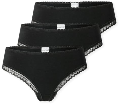 SCHIESSER Damen Tanga String im 3er Pack - Größe 36 Schwarz - Atmungsaktive Baumwolltangas mit Spitzenbändern am Bund - Elastisches Single-Jersey - Bequeme Unterwäsche mit komfortablem Sitz