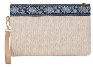 Komociya Straw Clutch Purses for Women, Bohemian Wristlet Wallets Summer Woven Straw Bags Casual Handbag, Blue-beige, S
