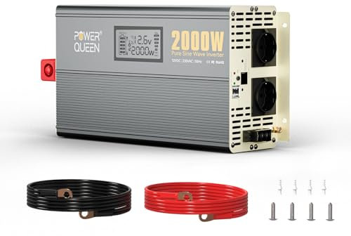 Power Queen 2000W Pure Sine Wave Inverter, Solar Power Inverter 12V DC zu 220V-240V AC Konverter mit 2 AC Ausgängen, LCD Display für Off-Grid Solar Power System, RVWohnmobil, Truck, Home Appliances