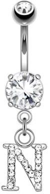 beyoutifulthings Bauch-nabelpiercing Buchstaben-Anhänger A-Z Silber Clear Nabel-Piercing Chirurgenstahl Bananabell Stab-länge 10-mm