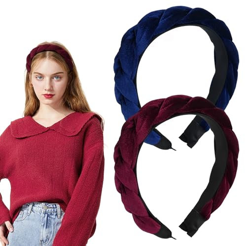 Haarreif Samt Geflochten Haarreifen Damen Stirnband Breit Haarband Vintage Gepolsterte Haarreifen Mode Stirnbänder Haarschmuck Kopfband für Frauen Mädchen (Blau+Rot)