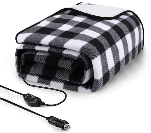 Sino Heizdecke für Auto, 12 Volt Heizdecke für Auto, LKW, SUV, Wohnmobil und Camping, mit Temperaturfahrer, 150 x 109 cm, Schwarz und Weiß Plaid