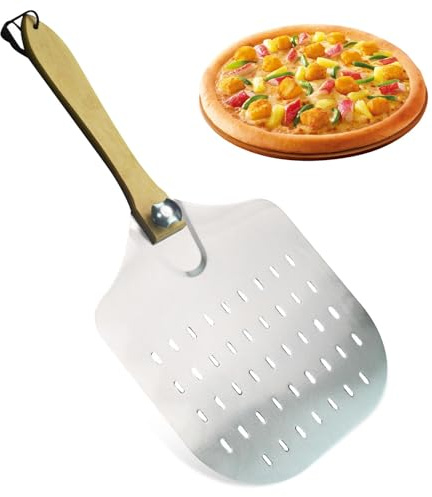 Miraculife Pizzaschieber 12 Zoll, Perforierter Pizzaheber, Pizzaschaufel Edelstahl, Pizza-Schieber Mit Massivholzgriff, Pizzaschaufel aus Aluminium-Schaufel Für Pizza, Kuchen, Brot, Torten