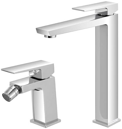 Set Miscelatori Per Lavabo Alto E Bidet In Ottone Cromato Della Linea Kubo, Completo Di Pilette Click Clack E Kit Di Montaggio