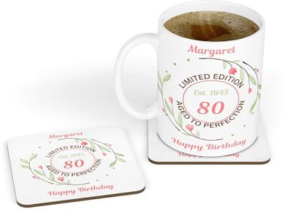 Personalised Flowers Limited Edition Est. 1945 80th Birthday White Ceramic Tea & Coffee Mug & Coaster Gift Set for Mum|Mother|Nan|Nanny|Grandma|Her|Ladies|Women