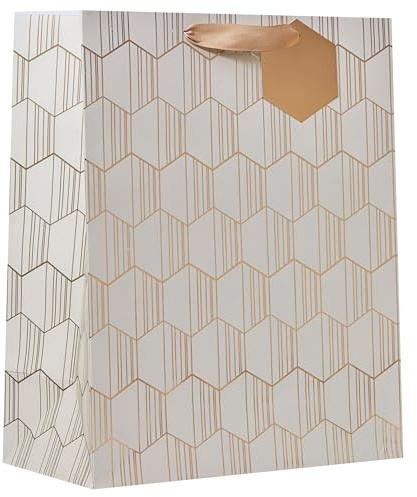 Design By Violet Linear Large Gift Bag – Gold Foil Honeycomb Pattern with Matching Gift Tag & Printed Interior – Luxury Paper Bag for Birthdays, Weddings, Christmas & Special Occasions