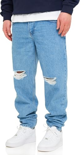 behype. Herren Jeans Ripped Tapered-Fit Jeanshose 100% Baumwolle Denim Baggy Hose Used Look Men's DC_JN-244-Light Blue-W38/L32