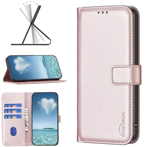 COQUE Étui pour Apple iPhone 16e Phone Case Premium Cuir 3 Cartes Slot Wallet, Apple iPhone 16e étui de Protection-Rose