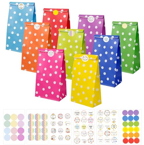 Carehabi Kindergeburtstag Papiertüten, 40 Papiertüten und 82 Aufkleber, 24 x 13 x 8 cm, Candy Tüten zum Verpacken von Geschenken, Giveaways, Kindergeburtstag, Hochzeit, Party, usw