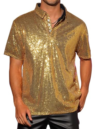 Felcia Herren-Glitzer-Oberteil, lässig, Vintage-Stil, kurzärmelig, Turndown, glitzernde Pailletten, Hemd, 70er-Jahre, Disco, Nachtclub, Party, Outfits für Herren