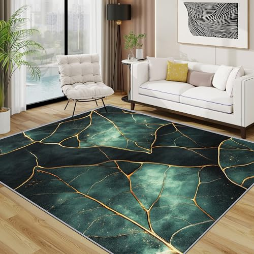 TerroVee Blätter Teppich Wohnzimmer 160x230 cm, Modern Luxus Botanisch Textur Teppiche, Grün Gold Waschbar Kurzflor Groß Teppiche Für Schlafzimmer Kinderzimmer, Gold Grün