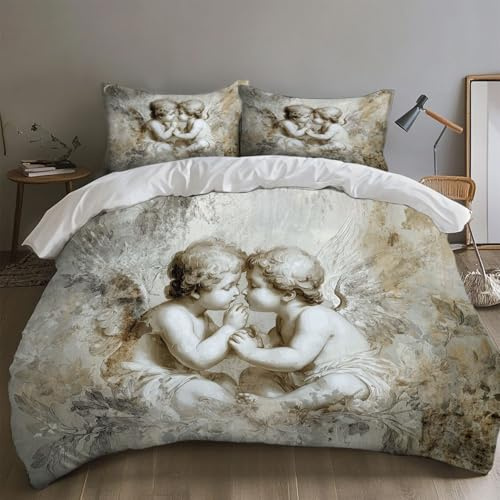 SKOEUI Bettwäsche 135x200 cm 3Teilig Klassisches Muster - Engel 80x80 cm | Cherubs Bettwäsche - Sets Bügelfrei Microfaser Bettbezug mit Reißverschluss Allergiker Bettdeckenbezug mit 2 mal Kissenbezug