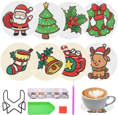 8 Stück Diamond Painting Untersetzer Weihnachten DIY Set für Kinder Erwachsene Basteln,Weihnachten Geschenk,Weihnachtsdeko Tisch fur Tassen,Vasen,Kerzen