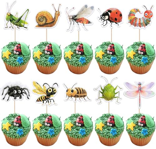 40 Stück Insekten Cupcake Toppers Natur Insekt Kuchen Deko Marienkäfer Tortendeko Bienen Raupe Cupcake Dekorationen für Insekt Thema Baby Dusche Kinder Geburtstag Party Kuchen Dekorationen