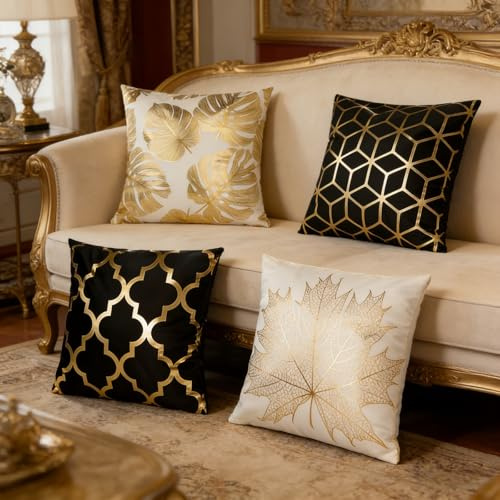 HUANYO Gold Foil Pillows 45x45 cm, Set of 4 Luxury Velvet Throw Pillow Covers (2 Platinum Gold + 2 Black Gold) with Elegant Floral Print for Sofa, Bed, Couch, Living Room Decor