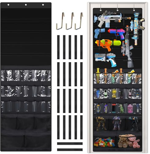 MOVATEK Tür Spielzeug Organizer zum Aufhängen – Über Tür Aufbewahrung mit 22 Taschen & 12 Klettschlaufen für Nerf Blaster, Wasserpistolen, Darts & Zubehör für Kinderzimmer & Spielzimmer