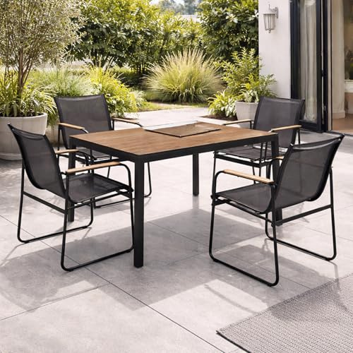 Mojawo 5tlg Outdoormöbel Set Gartenmöbel Gartengarnitur Holzoptik Gartentisch Nonwood 150 x 80cm + 4 Sessel Schwarz