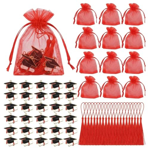 YIPFEN Confezione da 30 Portachiavi Retro Bomboniere Tocco Laurea Regalo per Confetti, Gioielli, Compleanno, Matrimonio (Rosso)