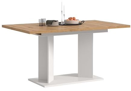 xonox.home – Esstisch Gustav 150-190x76x90 cm in Artisan Eiche Nachbildung und Weiß – Großer ausziehbarer Tisch mit Doppelsäule – variabel anpassbar, ummantelte Kanten & inklusive Montageanleitung