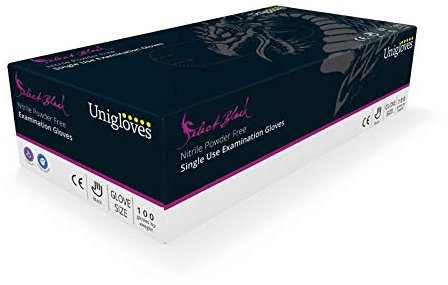Unigloves Select Black Nitrile GT0032 Single Use Examination - Multipurpose, Powder Free Disposable Gloves, Optimised for Tattoo/Piercing and Beauty, Box of 100 Gloves, Black, Small