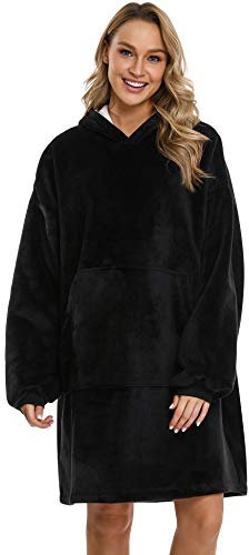 Sykooria Oversized Hoodie Sweatshirt Blanket, Double Layer Fluffy Sherpa Hoodie Blanket Sweatshirt, Super Soft Warm Wearable Blanket for Women Men Adults Kids Black