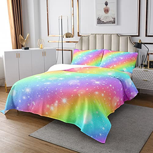 Galaxis Bettüberwurf Glitter Regenbogen Streifen Dekor Tagesdecke 220x240cm für Kinder Jungen Universum Sternenhimmel Steppdecke Bunte Funkeln Sterne Raum Wohndecke mit 2 Kissenbezügen 3St