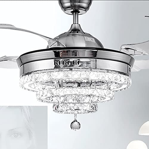 Modern Crystal Chandelier Ceiling Fan Light with 4 Retractable Blades and Remote Quiet Folding Fandelier LED Lighting (42 Inches, Silver)