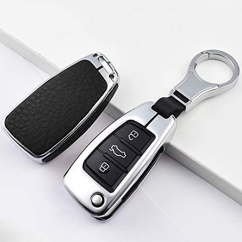 HIBEYO Autoschlüssel Hülle Geeignet passt für Audi Schlüsselhülle Cover für Audi A1 A3 A4 A6 Q3 Q5 Q7 S3 R8 TT Leder 3 Tasten Klappschlüssel Schutzhülle Schlüsselbox Organizer-Silber Schwarz