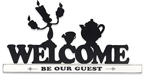 Disney Die Schöne und das Biest Welcome Be Our Guest Tischdekoration, Lumiere, Chip und Mrs. Potts Metall-Silhouetten auf weißem Holzsockel im Used-Look