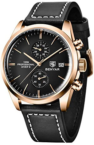 BENYAR Herrenuhr Lederarmband 10ATM Wasserdicht Chronograph Quarz Stoppuhr Business Casual Herrenuhr