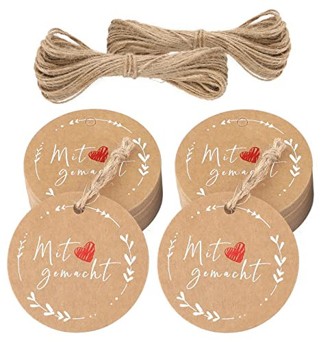 jijAcraft Mit Liebe Gemacht Geschenkanhänger: Rund Kraftpapier Anhänger für Hochzeit 5CM Papieretiketten mit Schnur 100 Stück Labels für DIY-Projekte, Selbstgemachten Geschenk
