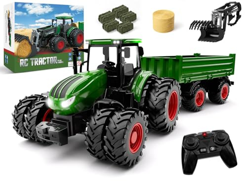 Uarzt Remote Control Tractor Toy with Trailer | Metal Front & Front Loader Farm Vehicle Set with Lights & 8-Wheel Design, RC Tractor Truck for Boys Ages 3-9, Fun Farm Toy Gift for Kids