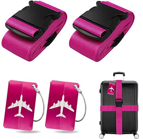 Koffergurt Kofferanhänger Set, 2 Stück gepäckband mit 2 Stück Gepäckanhänger Set, Kofferband Gurt Personalisierte Identifikation für Schnell erkennen Gepäck Reisetasche Koffer (rosarot)