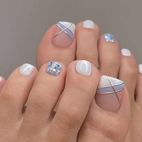 24 Pièces Court Carré Faux Ongles D'orteil Français Bleu et Blanc Faux Ongles pour Orteil Brillant Acrylique Pleine Couverture Capsules Ongles Pied avec Autocollants Adhesif pour Femmes et Filles