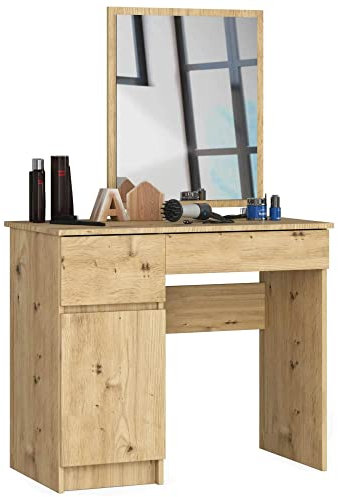 ADGO P-2/SL Schminktisch + Spiegel für Damen, Frisiertisch, Kosmetiktisch, Tisch mit Seitliche Schublade und Schrank, Beistelltisch, Schminktisch-Set (Versand in 2 Packungen) (Links, Artisan Eiche)