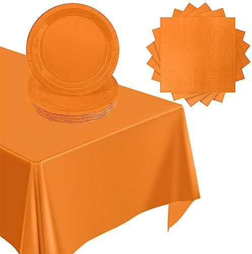 POPOYU Partygeschirr Set Orange, 37 Stück Geschirr Liefert Pappteller Servietten Tischdecke für Geburtstags Dekoration, Halloween, Fireman, Thanksgiving Party Deko