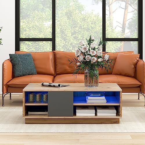 Merax Couchtisch, Moderner Wohnzimmertisch mit LED-Licht im Blockstil, Multifunktionaler Beistelltisch Sofatisch mit Mehrere Stauräume, für Zimmer Büro, Originalfarbener zweifarbiger, 100 x 48 x 35cm