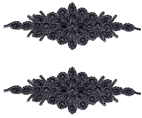 FINGERINSPIRE 2 Stück Strass Applikation Für Kleid (Schwarz, 240x95 mm) Kristall Patch Zum Aufbügeln/Aufnähen Hotfix Diamant Nähapplikationen Für Brautkleider Kleider Kopfbedeckung Gürtel Dekoration