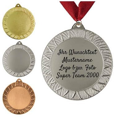 Personalisierte Medaille aus Metall in Gold, Silber & Bronze Farbe, mit Wunschtext, Foto und Logo (mit Halsband, Silber)