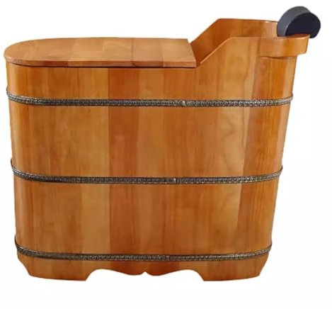 MegLob Free-Standing Wooden Bathtub Kit, Solid Wood Alone Stand Bathtub with Pop-Up Drain, Traditional Japanese SPA Deep Soaking Bath, with Insulated Wooden Lid & Tub Chair,Oak 80cm/31.50