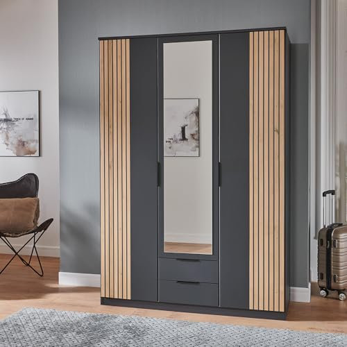Lomadox Kleiderschrank Drehtürenschrank 135cm, Graphit mit Eiche, mit Spiegeltüren
