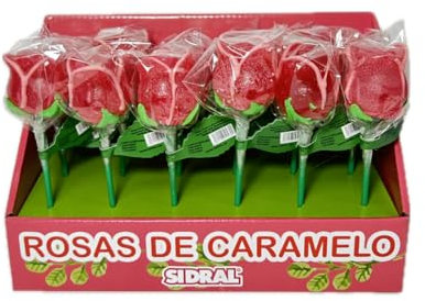 SIDRAL -18 Piruletas de Rosas de Caramelo duro Sabor Fresa (45 g) – Piruletas, Chuches San Valentín, Kit de Chuches Sin Gluten, Regalos y Celebraciones